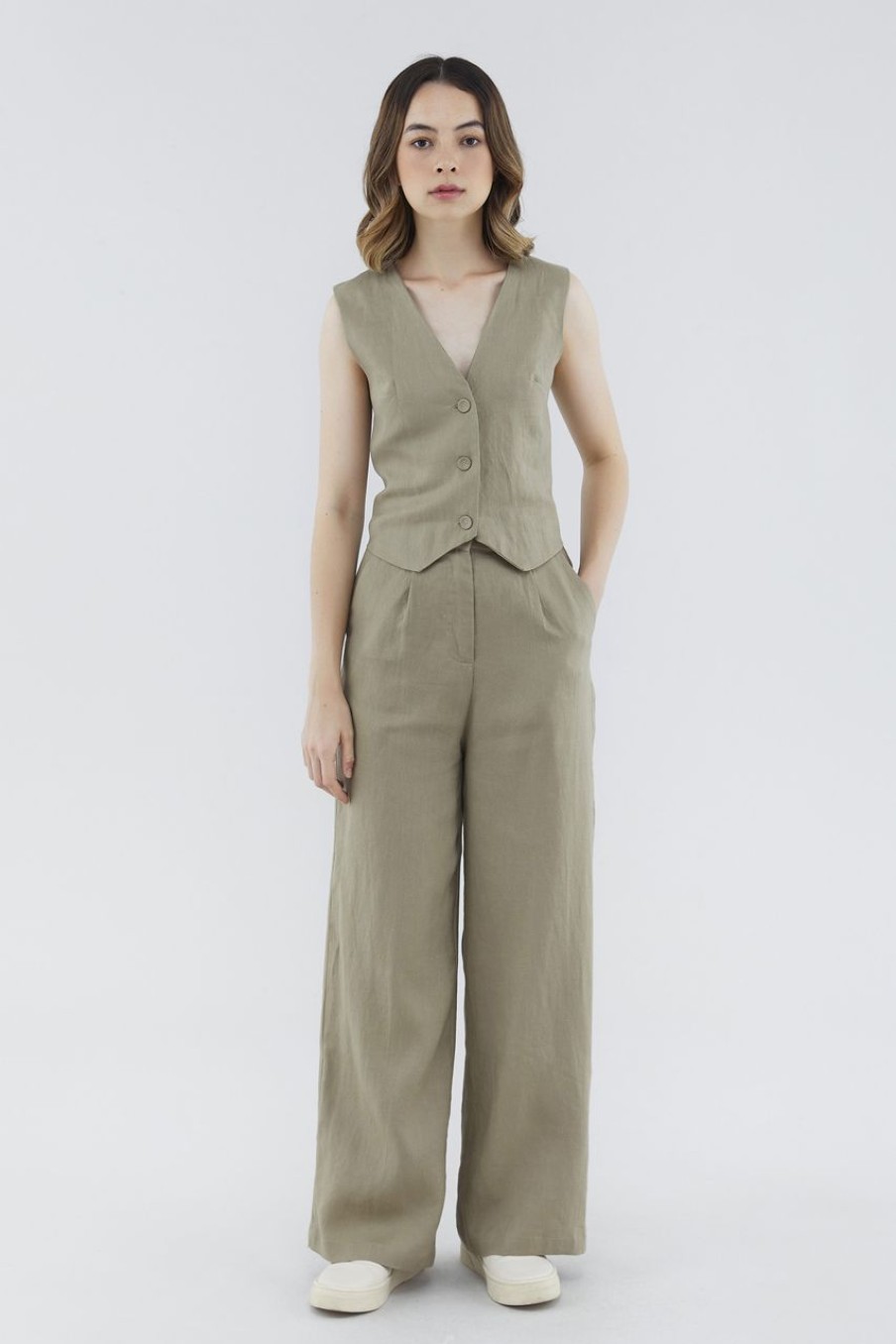 Women The Editor's Market Pants | Mildred Linen Wide-Leg Pants Khaki