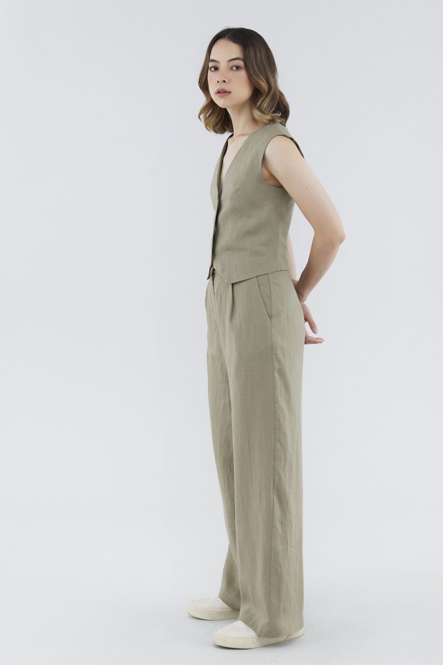 Women The Editor's Market Pants | Mildred Linen Wide-Leg Pants Khaki