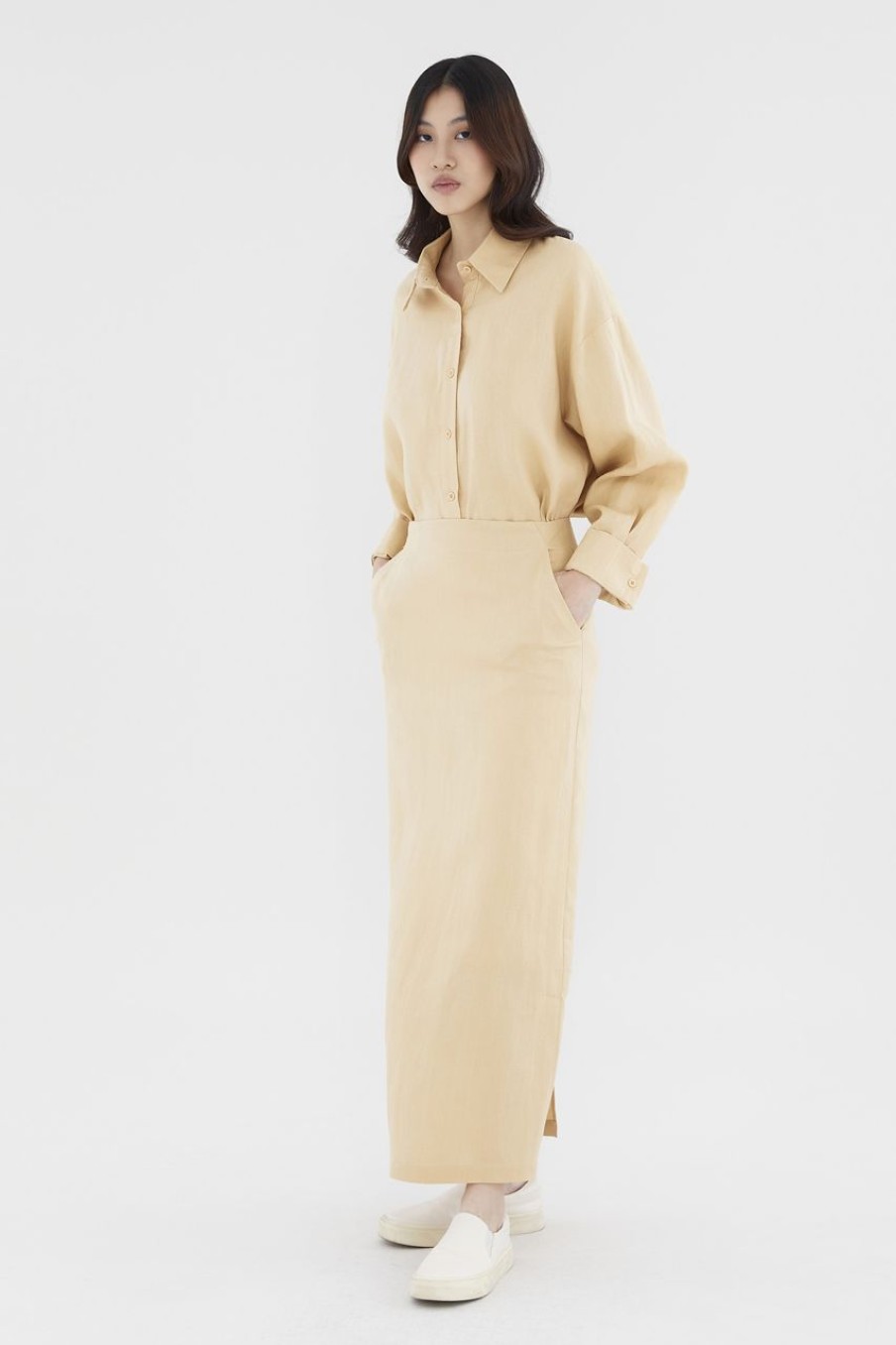 Women The Editor's Market Skirts | Jorene Linen Mid-Rise Straight Skirt Camel