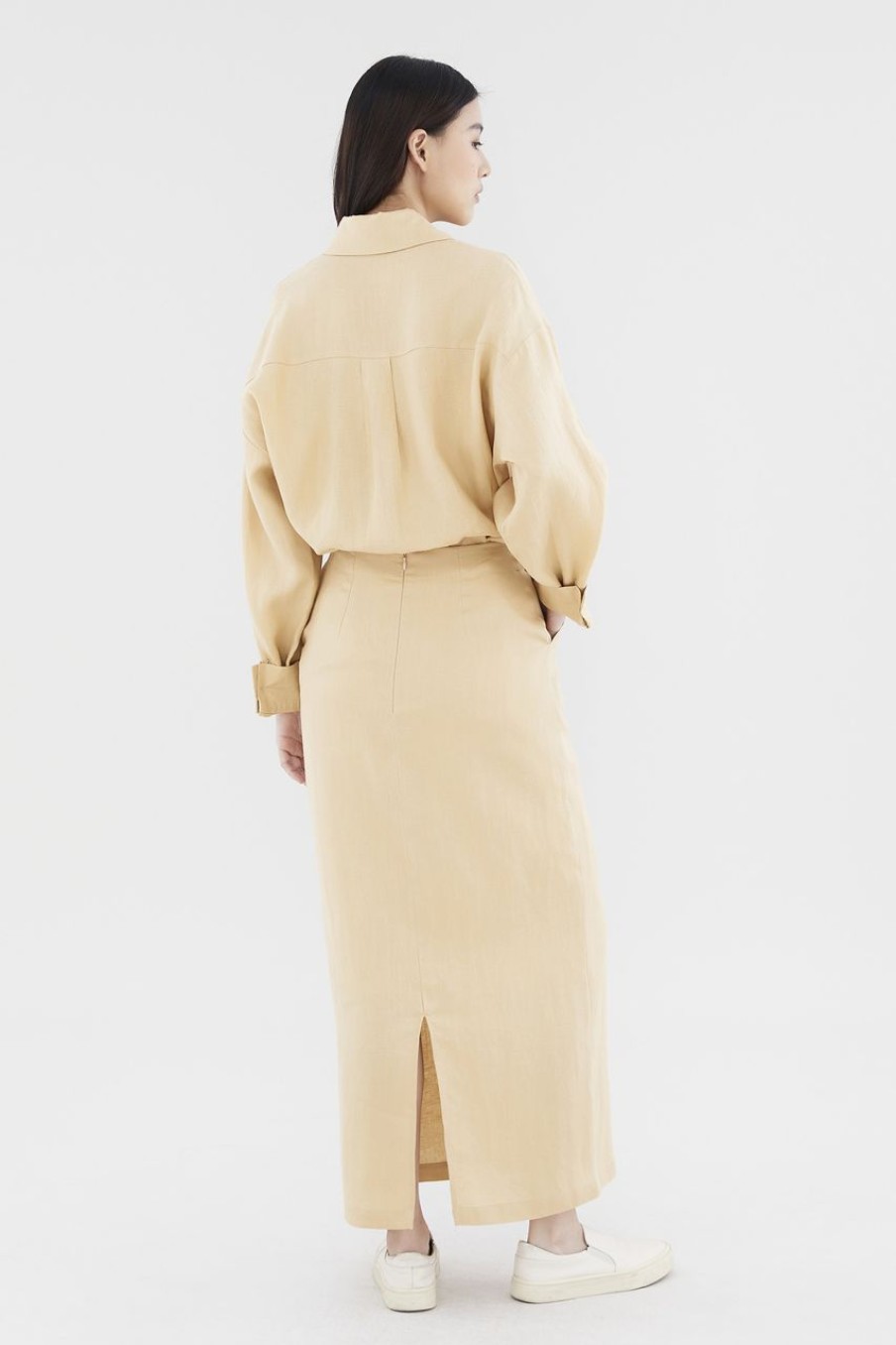 Women The Editor's Market Skirts | Jorene Linen Mid-Rise Straight Skirt Camel