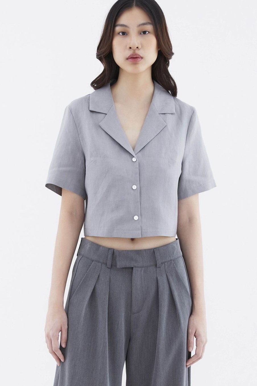 Women The Editor's Market Tops | Rheta Linen Crop Shirt Elephant