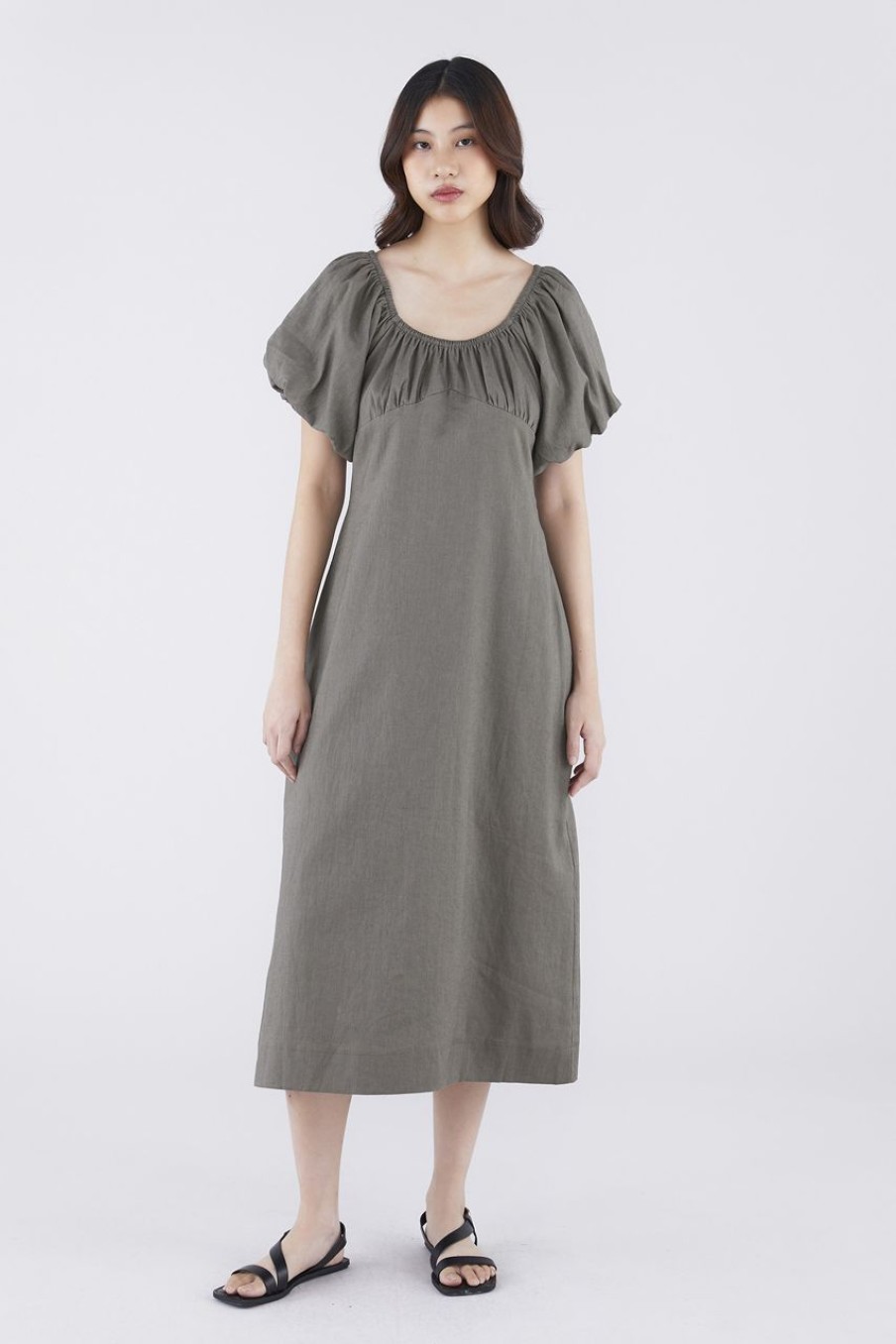 Women The Editor's Market Dresses | Torine Linen Puff Sleeve Dress Umber