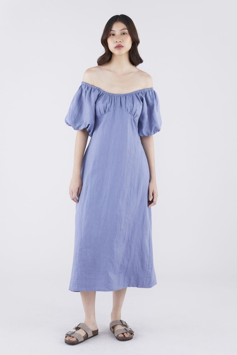 Women The Editor's Market Dresses | Torine Linen Puff Sleeve Dress Steel