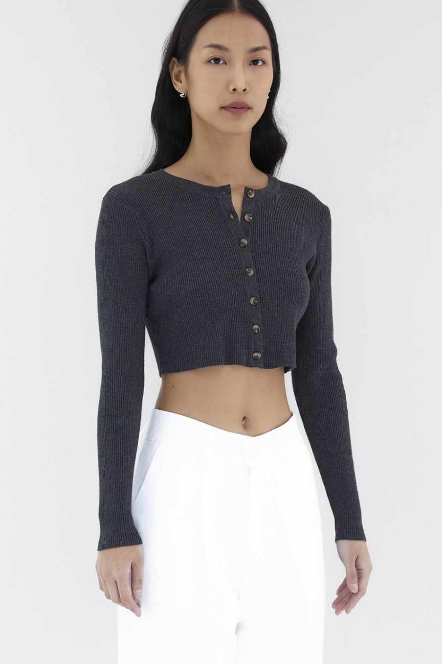 Women The Editor's Market Tops | Daena Button-Down Knit Top Charcoal