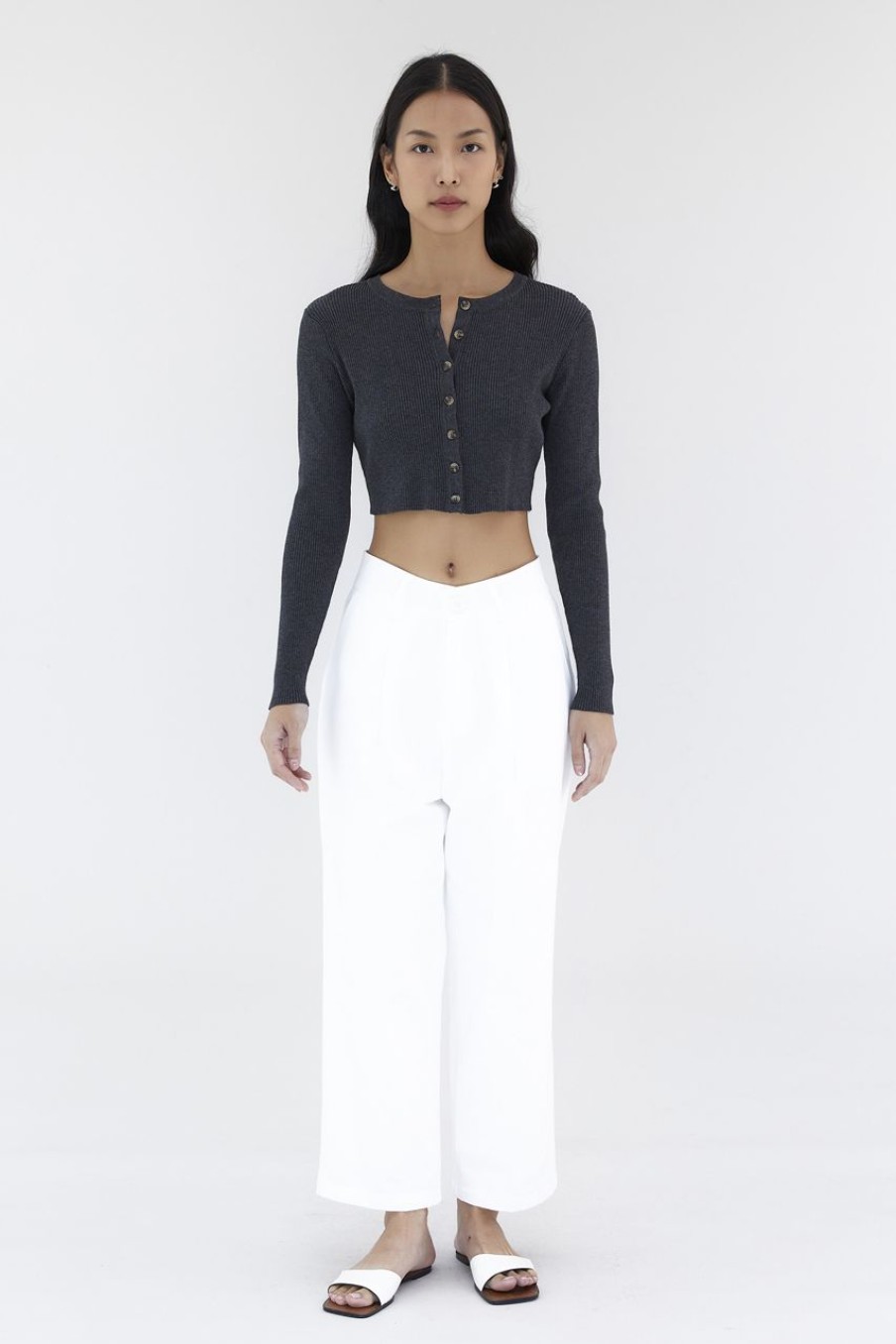 Women The Editor's Market Tops | Daena Button-Down Knit Top Charcoal