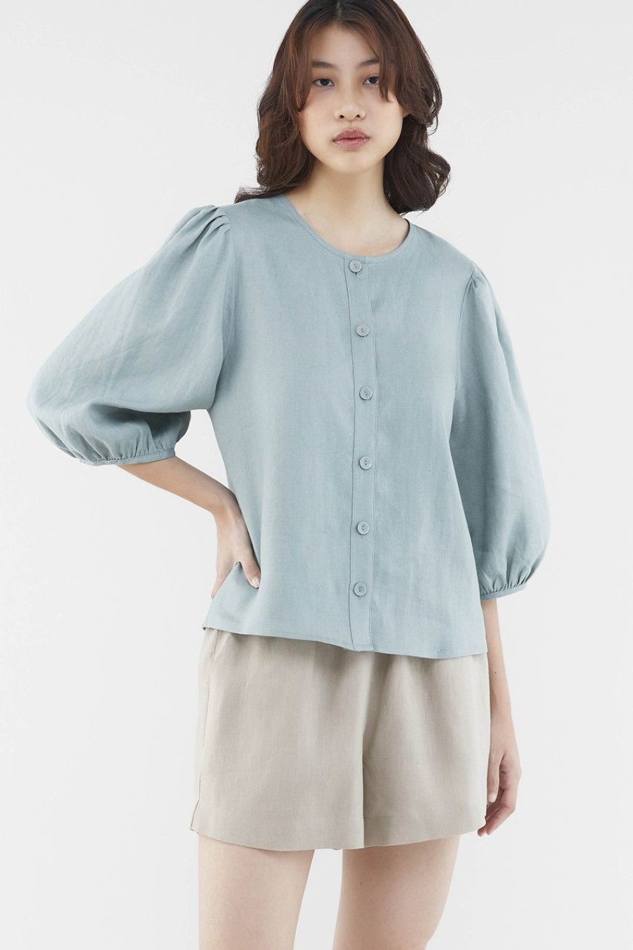 Women The Editor's Market Tops | Tessa Linen Button-Down Blouse Pine Green