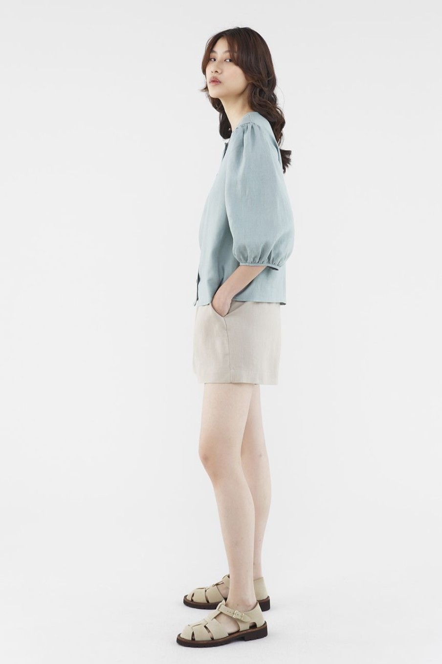 Women The Editor's Market Tops | Tessa Linen Button-Down Blouse Pine Green