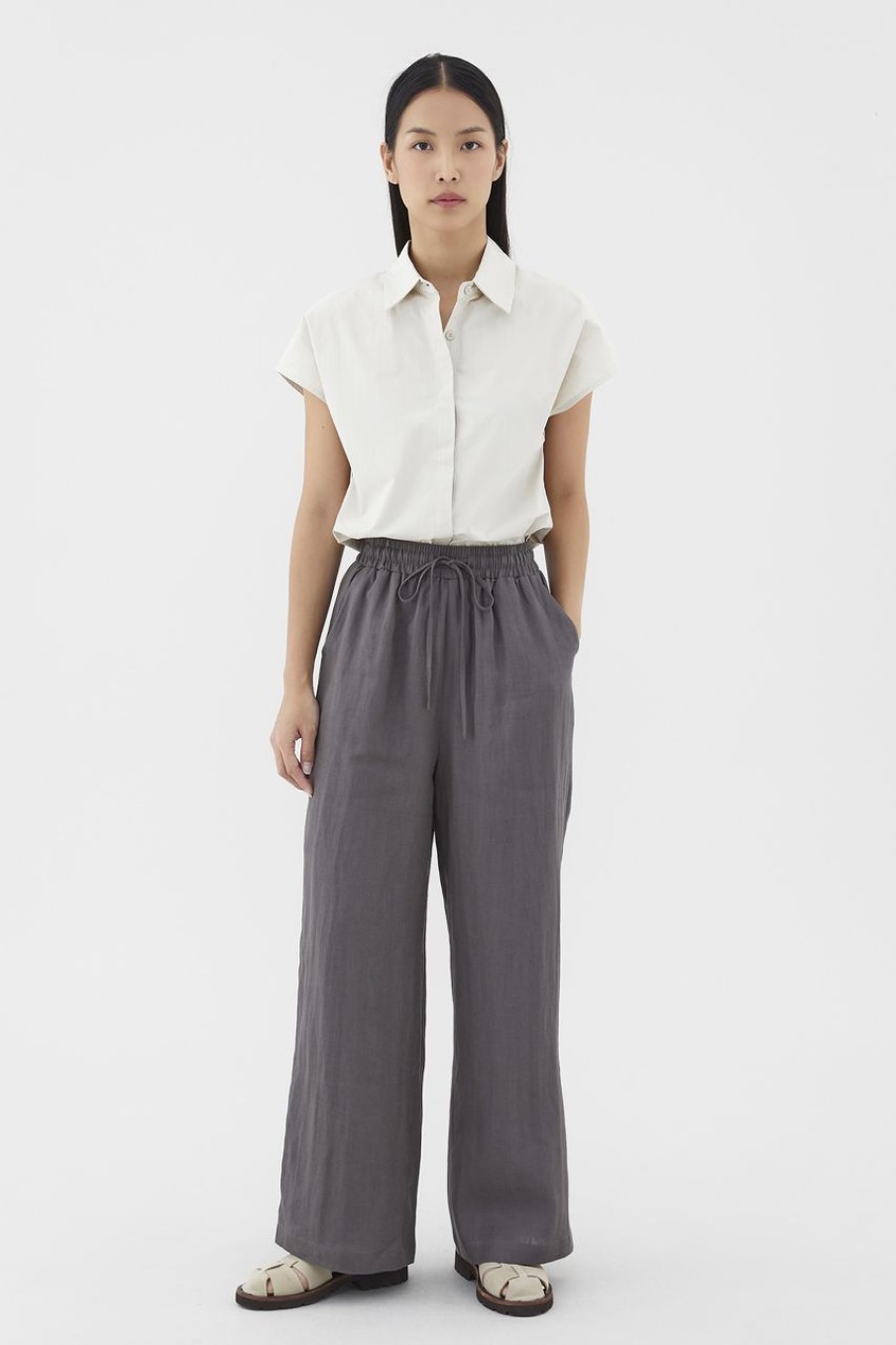 Women The Editor's Market Pants | Belena Linen Drawstring Pants Charcoal