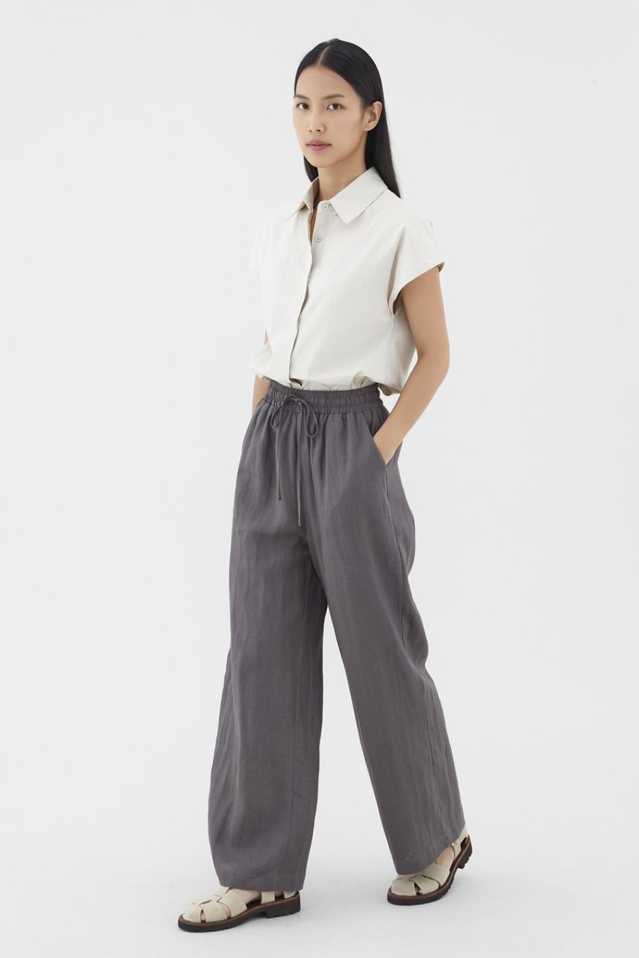 Women The Editor's Market Pants | Belena Linen Drawstring Pants Charcoal