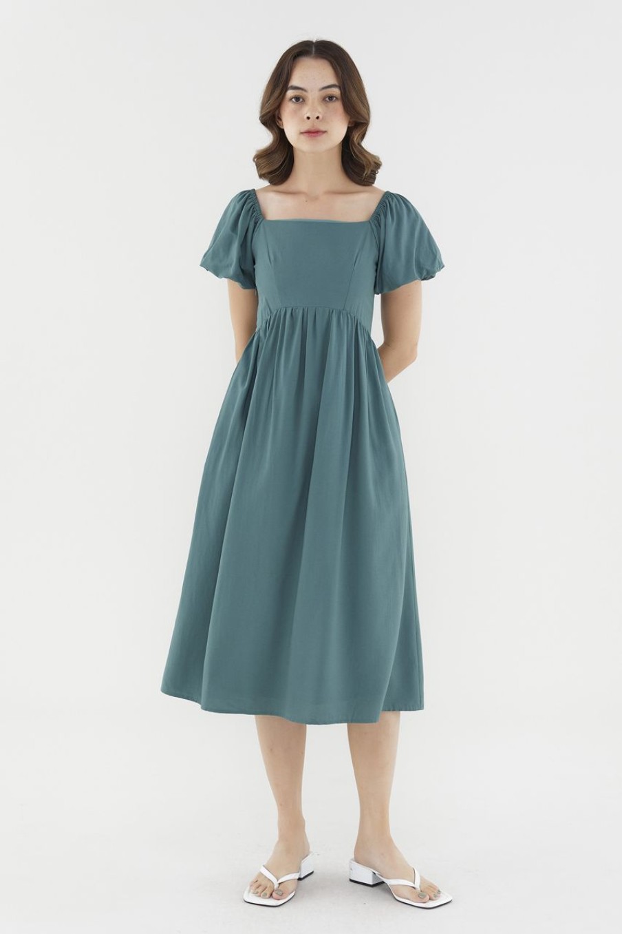 Women The Editor's Market Dresses | Bethenny Puff-Sleeve Dress Pine Green