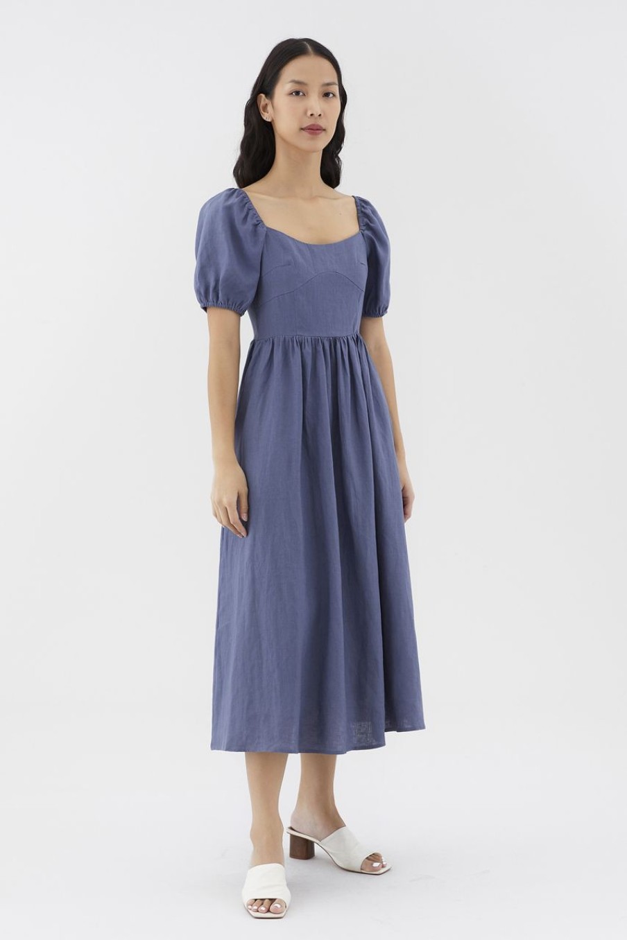 Women The Editor's Market Dresses | Emblair Linen Puff Sleeve Dress Heron