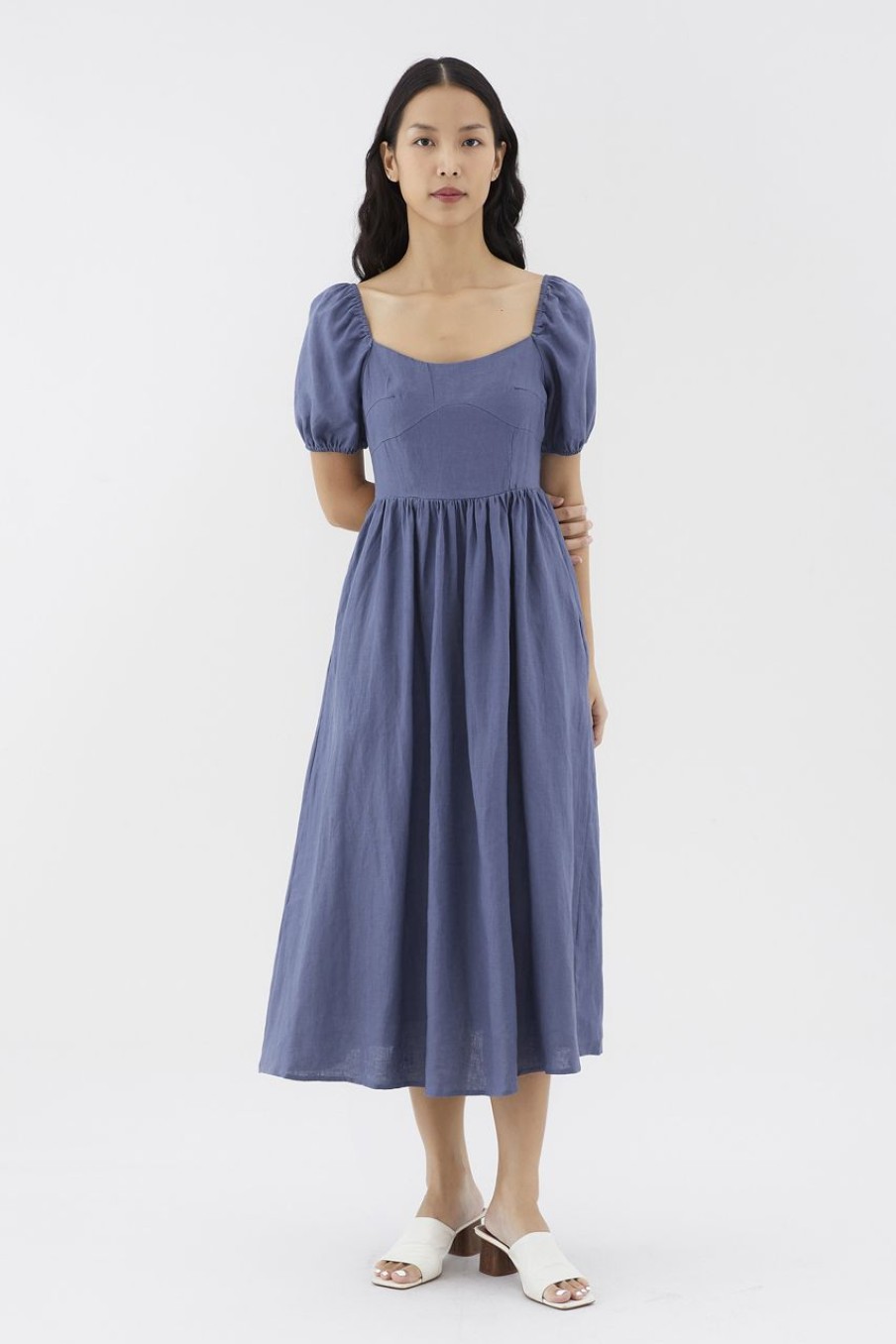 Women The Editor's Market Dresses | Emblair Linen Puff Sleeve Dress Heron