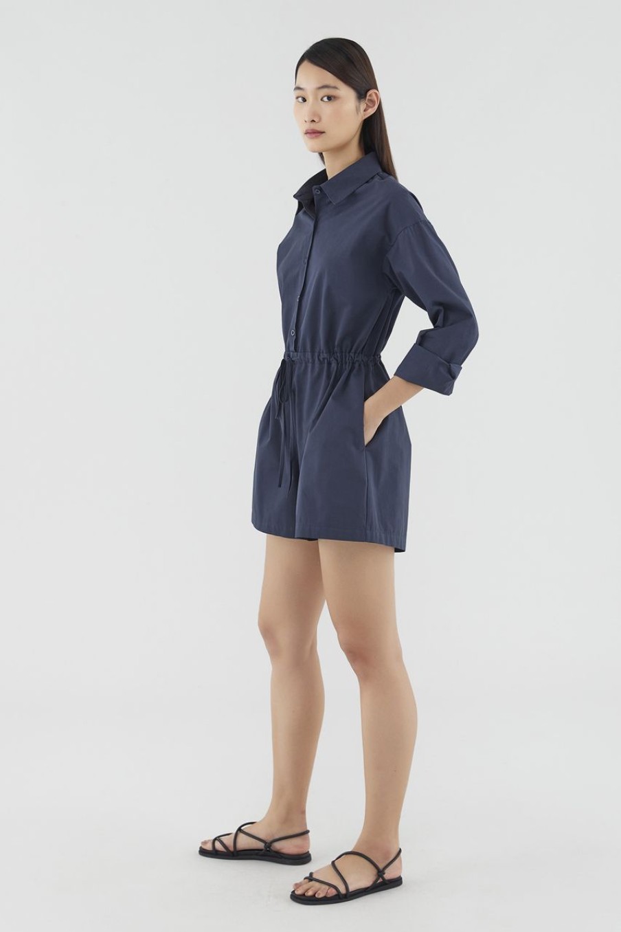 Women The Editor's Market Jumpsuits | Libbie Shirt Romper Navy Blue