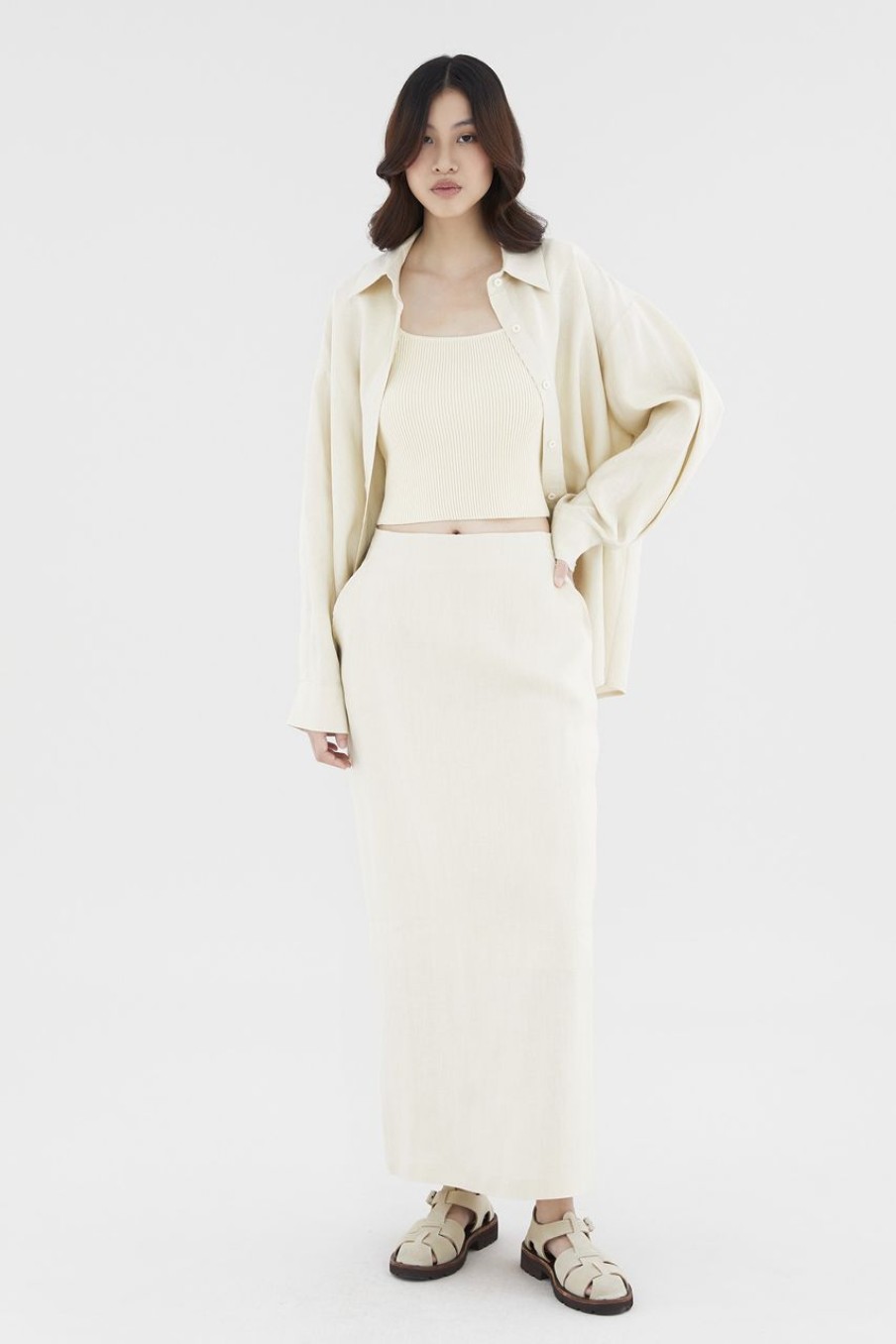 Women The Editor's Market Skirts | Jorene Linen Mid-Rise Straight Skirt Parchment