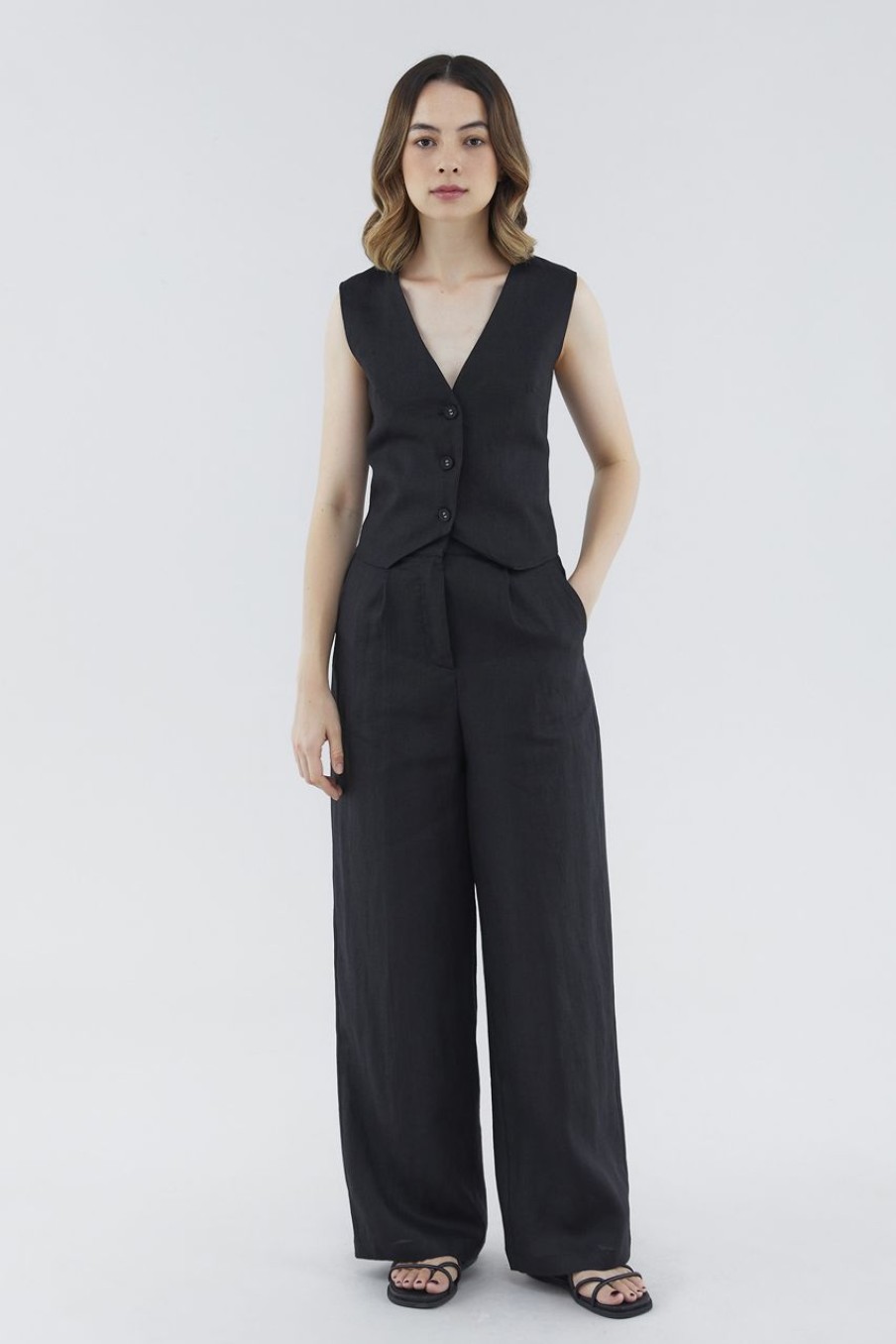 Women The Editor's Market Pants | Mildred Linen Wide-Leg Pants Black