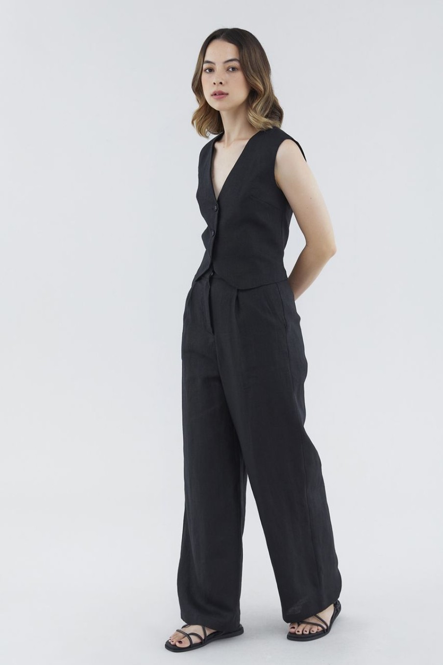 Women The Editor's Market Pants | Mildred Linen Wide-Leg Pants Black