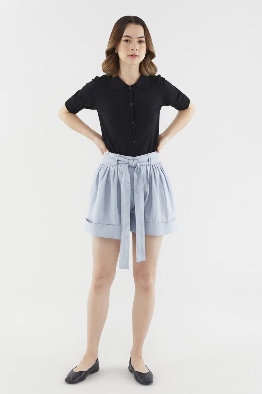 Women The Editor's Market Shorts | Thyra Linen Belted Shorts Sky Blue