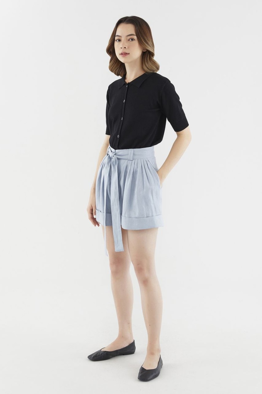 Women The Editor's Market Shorts | Thyra Linen Belted Shorts Sky Blue