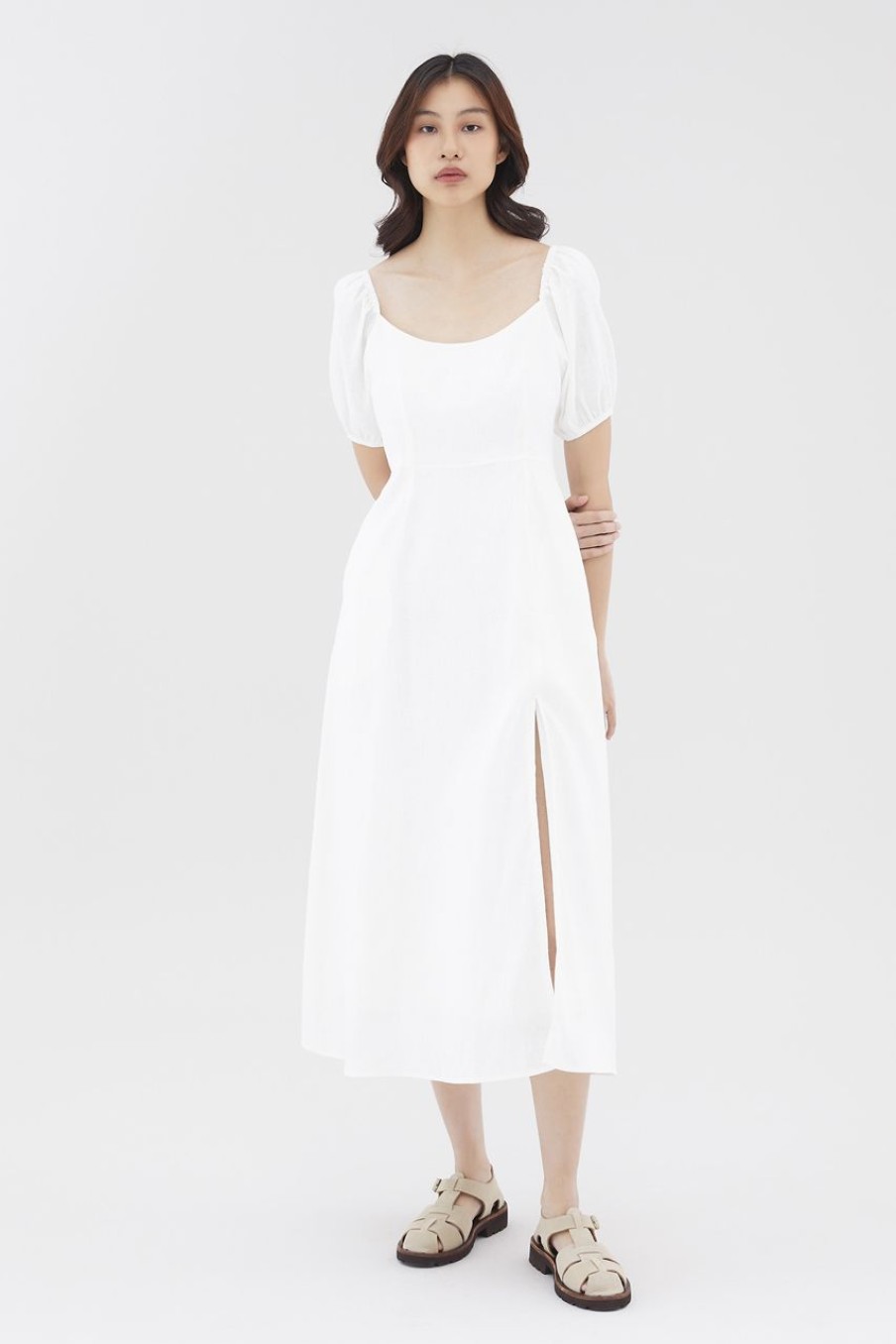 Women The Editor's Market Dresses | Logan Linen Puff-Sleeve Dress White