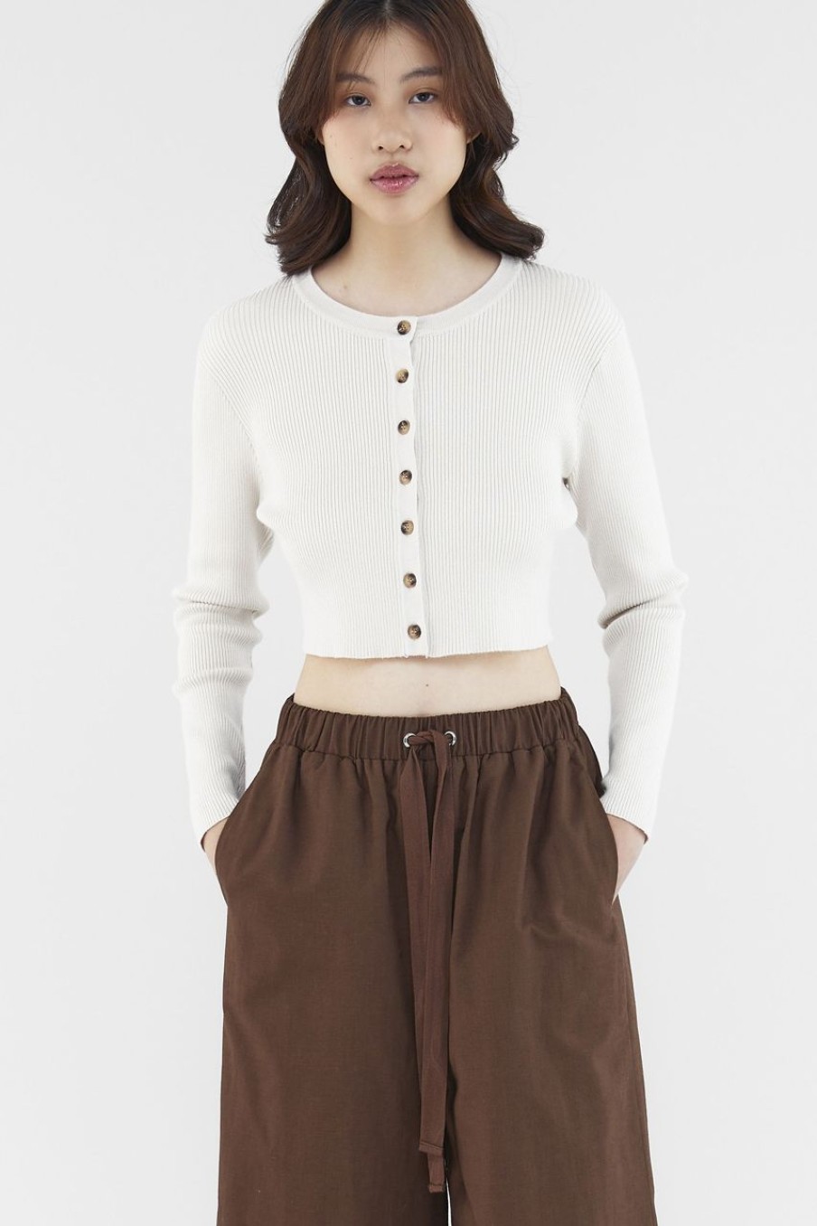 Women The Editor's Market Tops | Daena Button-Down Knit Top Almond