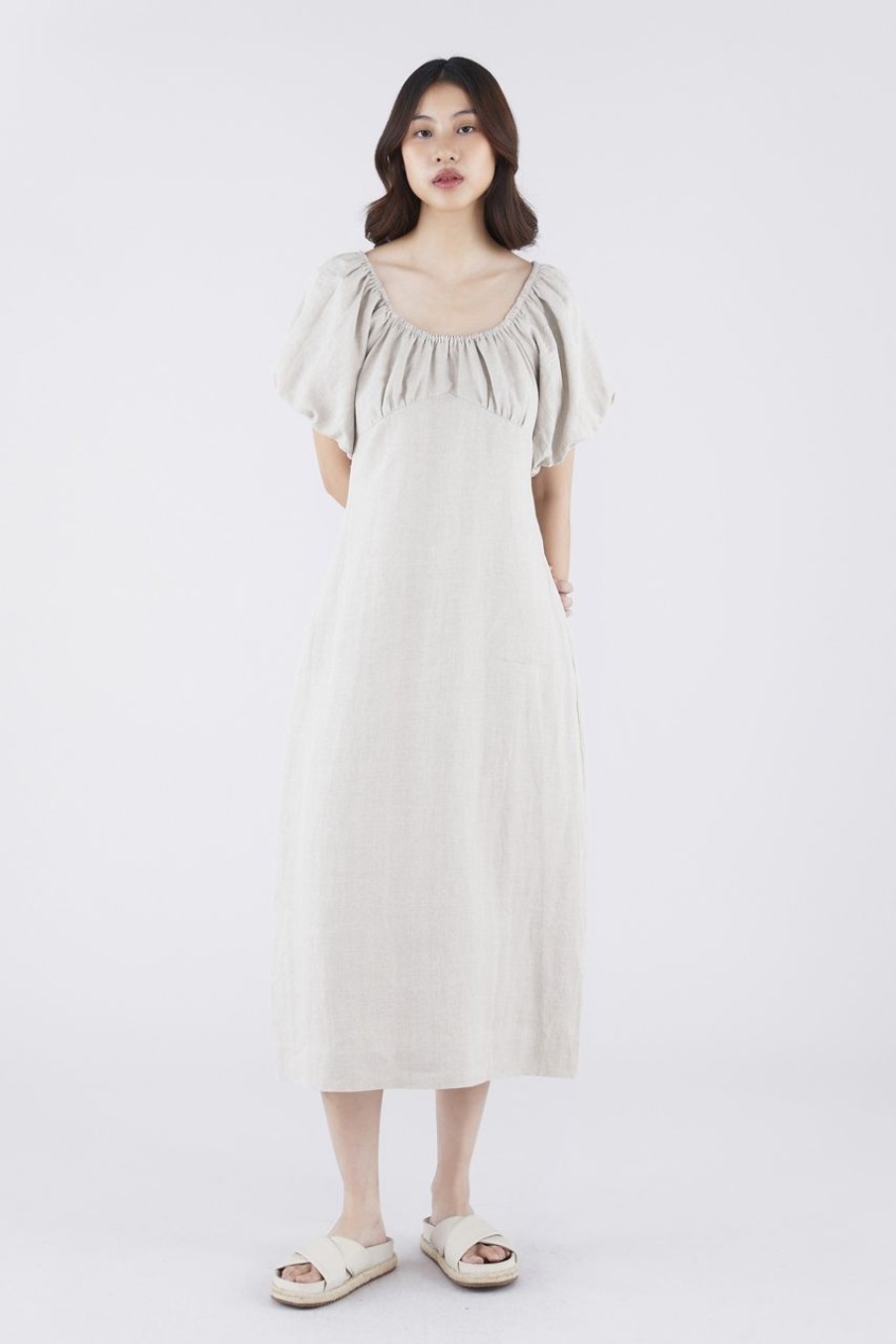 Women The Editor's Market Dresses | Torine Linen Puff Sleeve Dress Gravel