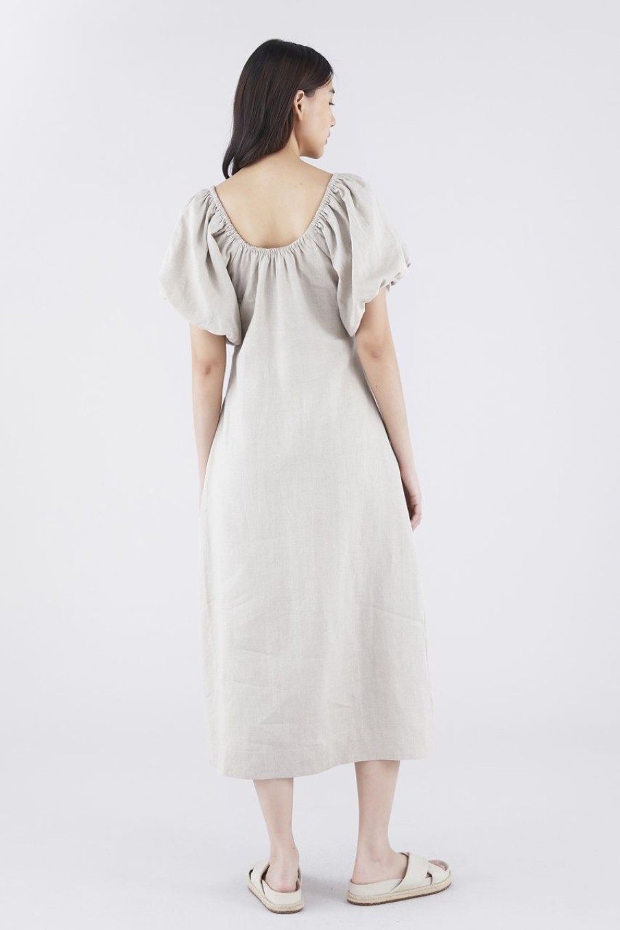 Women The Editor's Market Dresses | Torine Linen Puff Sleeve Dress Gravel