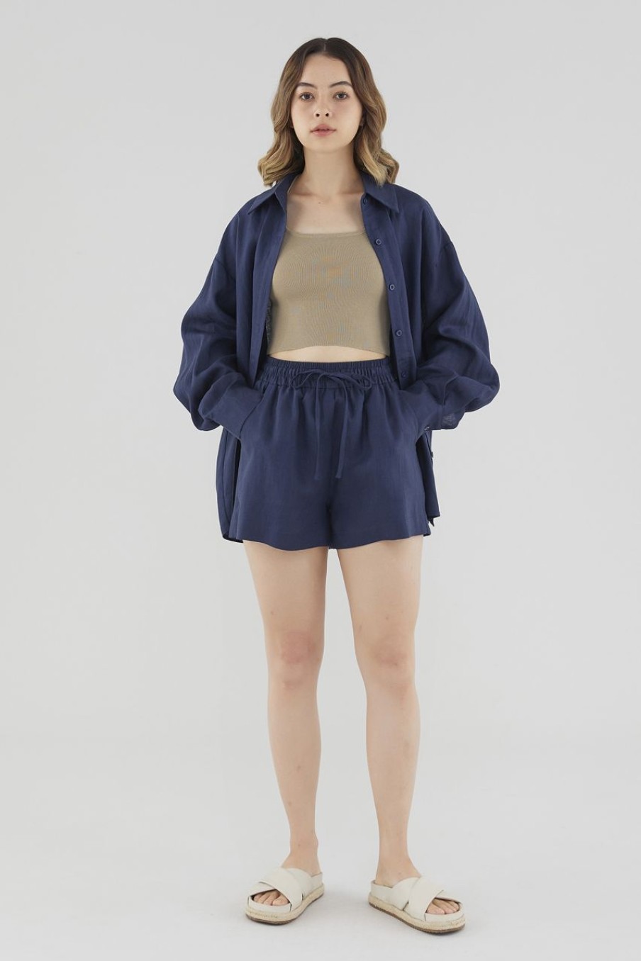 Women The Editor's Market Shorts | Bonita Linen Relaxed Shorts Navy Blue