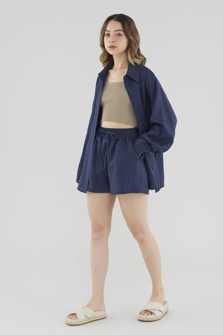 Women The Editor's Market Shorts | Bonita Linen Relaxed Shorts Navy Blue