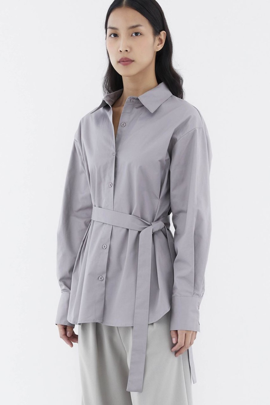 Women The Editor's Market Tops | Frankie Tie-Waist Relaxed Shirt Dove