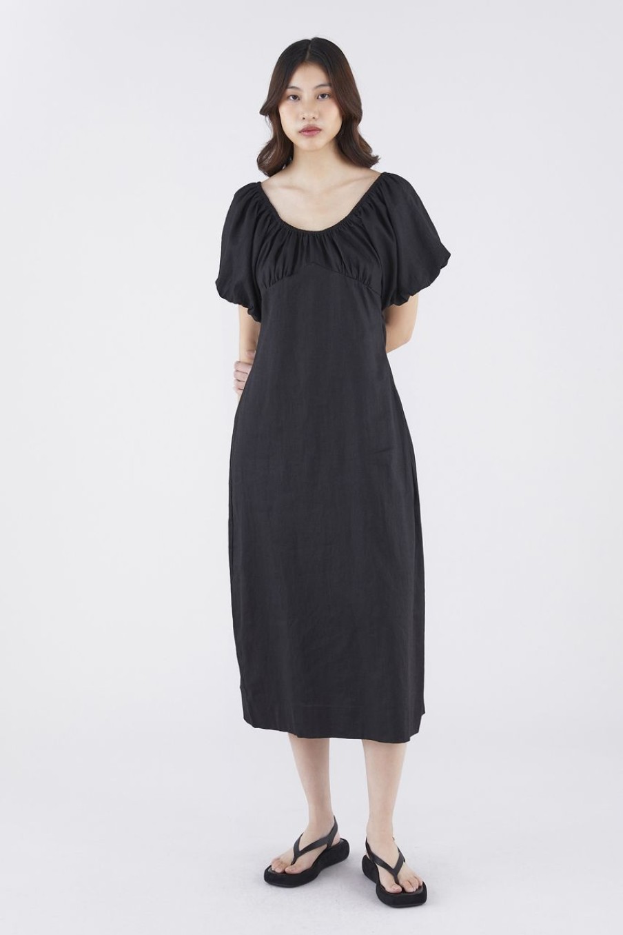 Women The Editor's Market Dresses | Torine Linen Puff Sleeve Dress Black