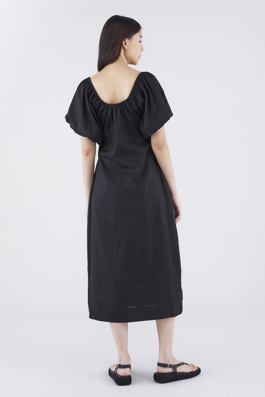 Women The Editor's Market Dresses | Torine Linen Puff Sleeve Dress Black