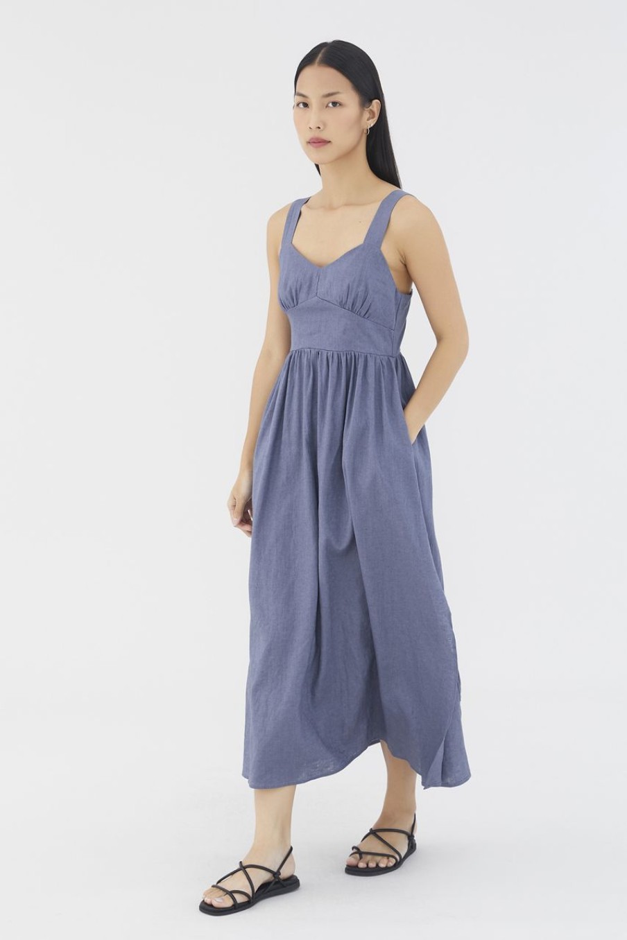 Women The Editor's Market Dresses | Aubray Linen Ruched Dress Heron