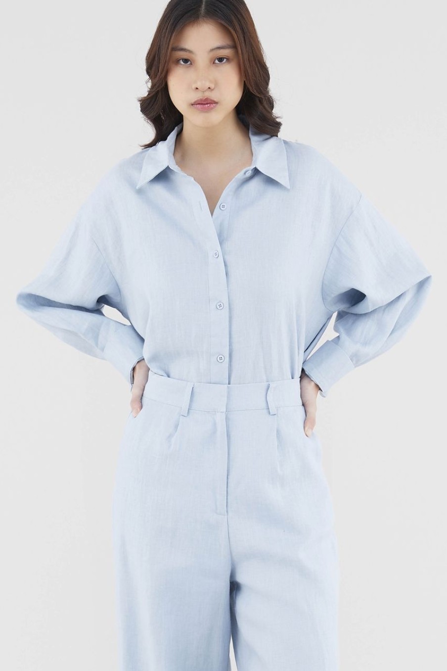 Women The Editor's Market Tops | Malitta Linen Oversized Shirt Dusty Blue