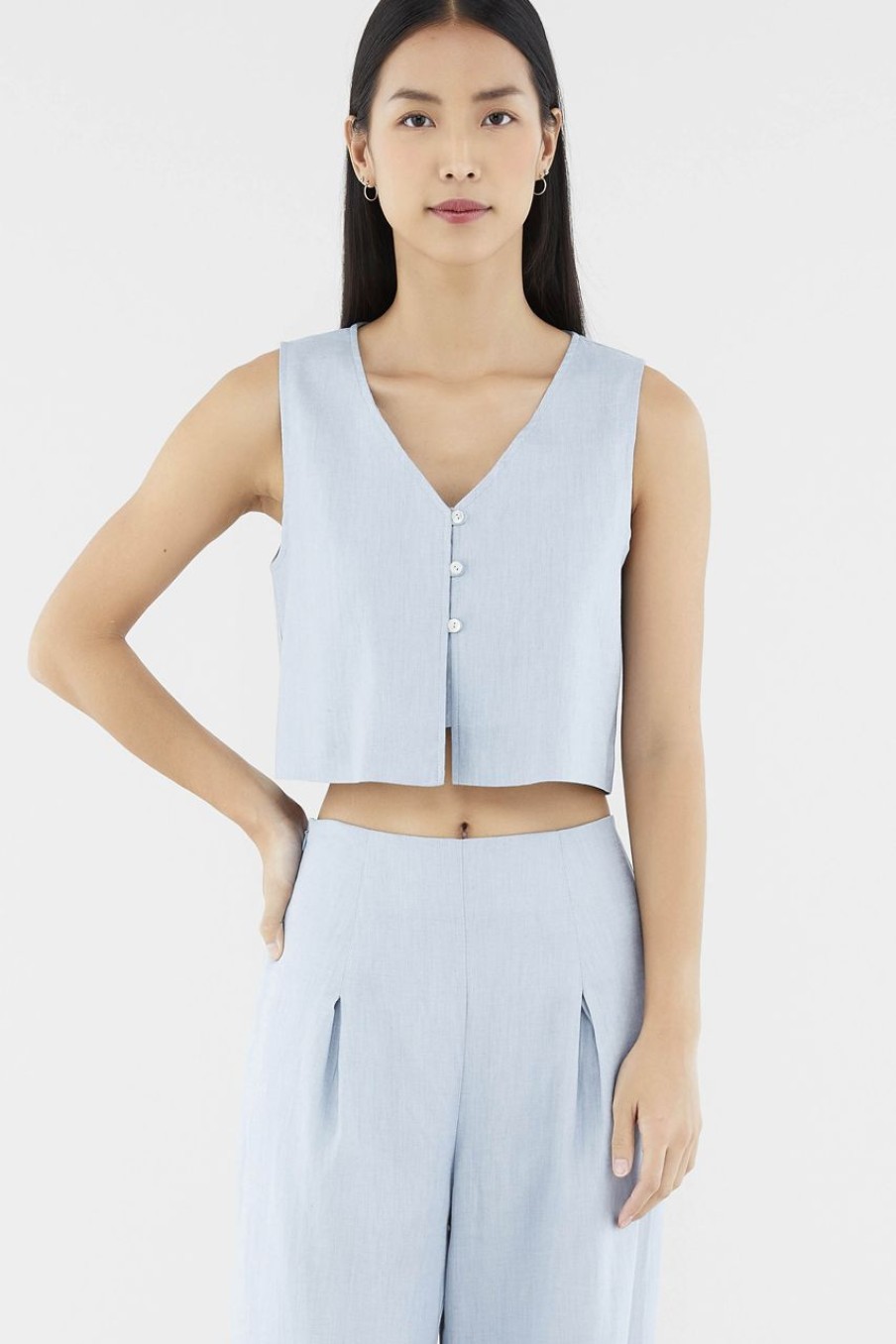 Women The Editor's Market Tops | Evada Linen Button Down Top Dusty Blue