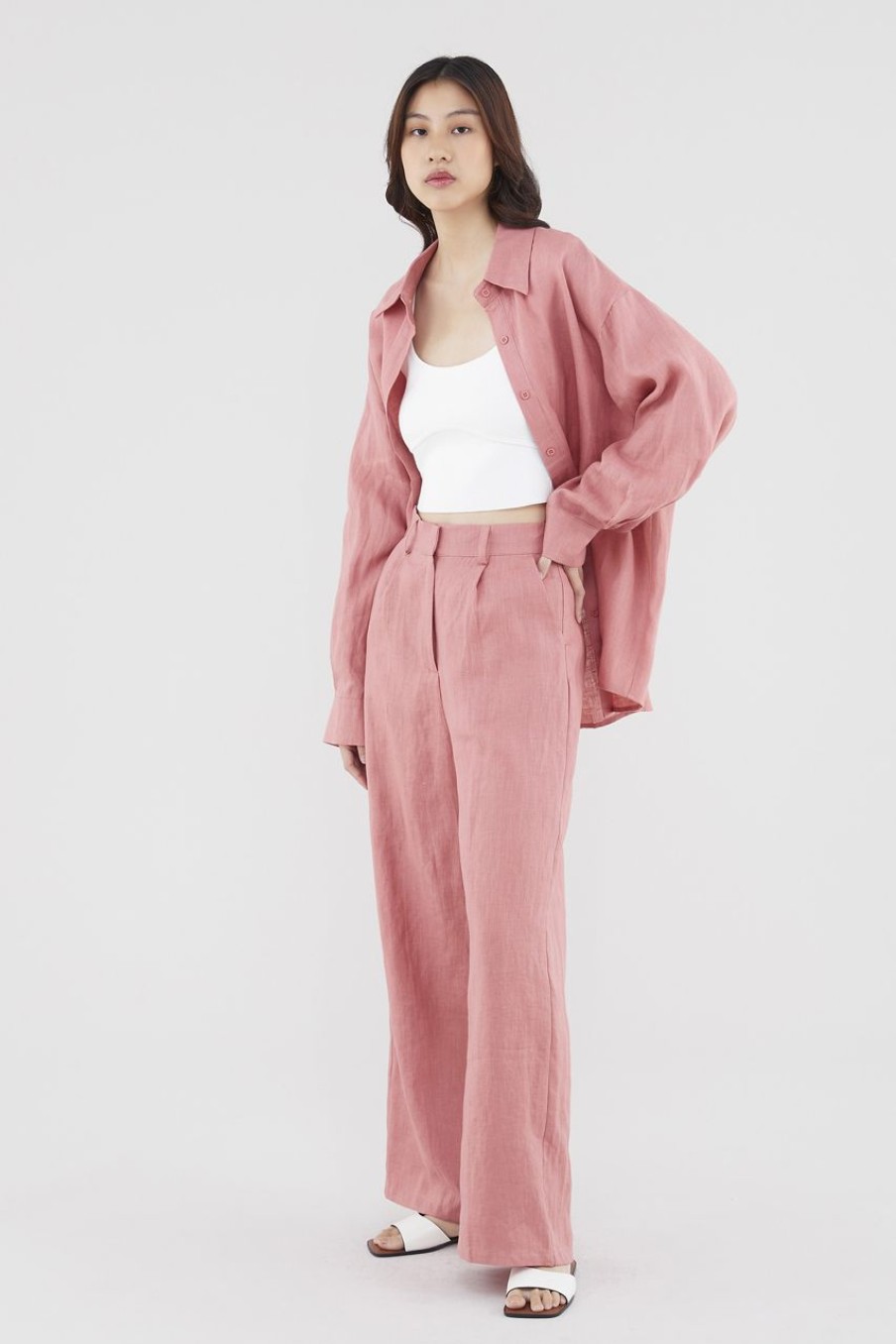 Women The Editor's Market Pants | Mildred Linen Wide-Leg Pants Raspberry