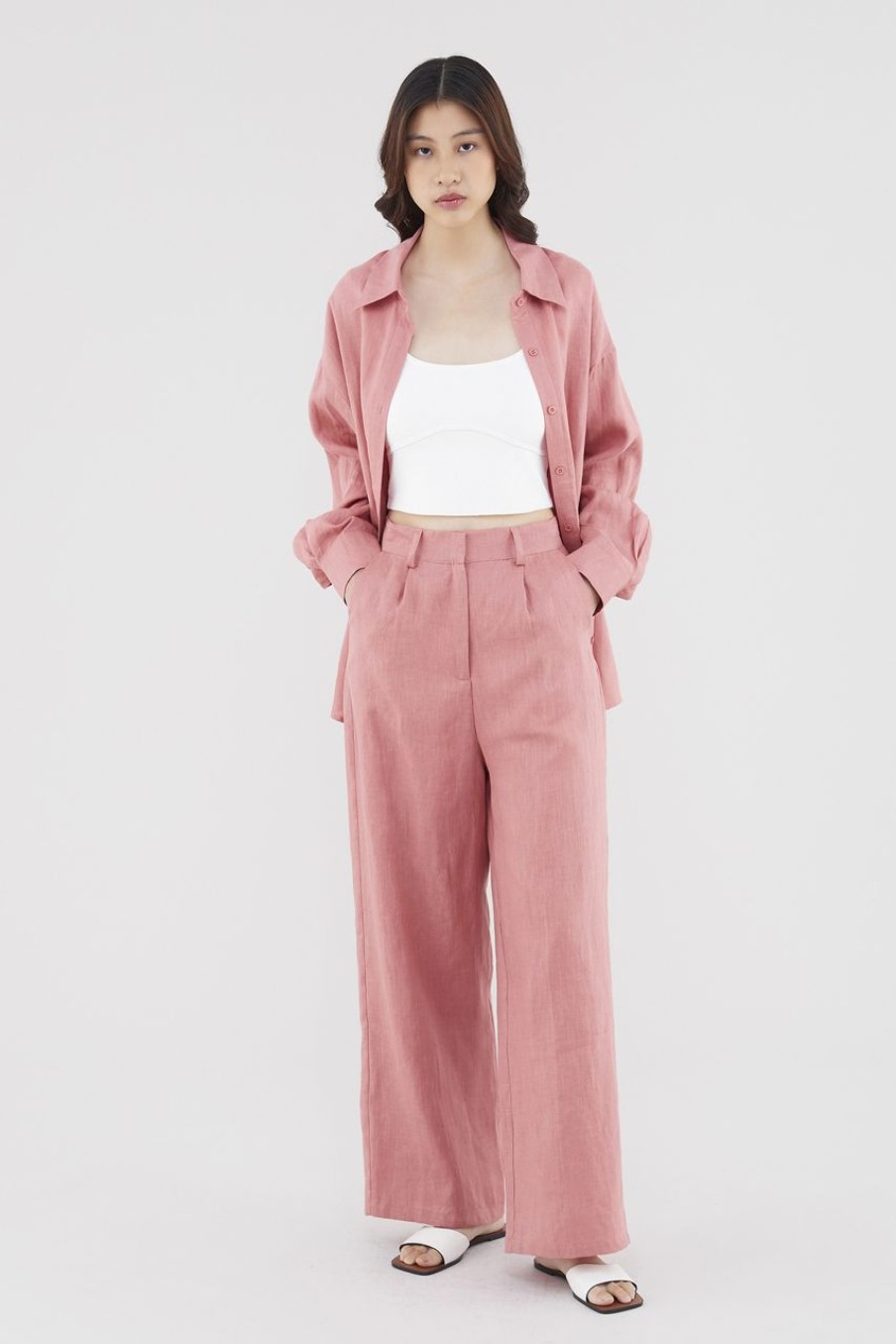 Women The Editor's Market Pants | Mildred Linen Wide-Leg Pants Raspberry